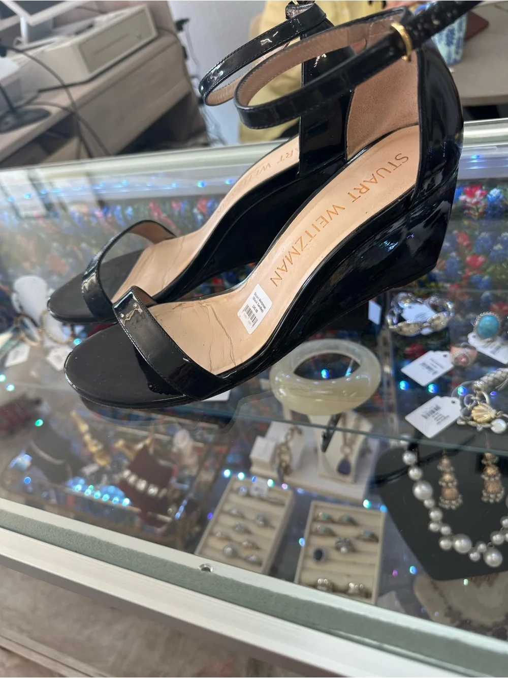 Stuart Weitzman Black Patent Strap Block-Heel Sandals